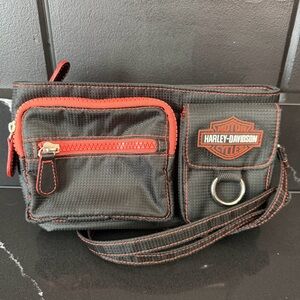 Harley-Davidson Black Canvas Crossbody Waist Bag Red Stitching